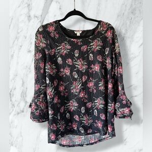 Black Floral Lace Blouse – Bell Sleeves, Romantic Style